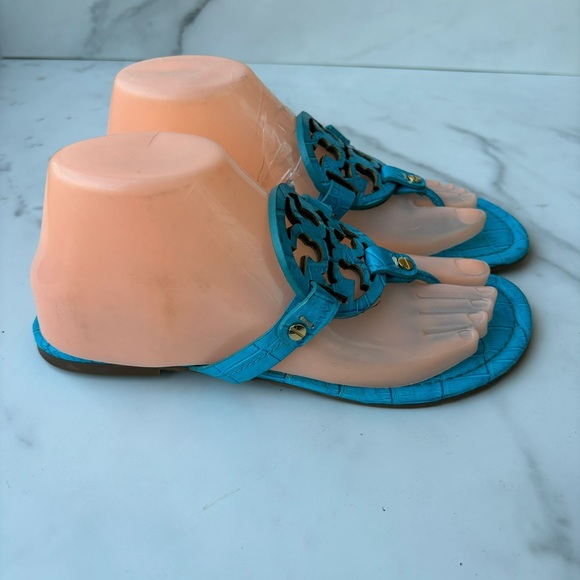 Tory Burch Flip Flops Miller Turquoise Leather Sandals - Picture 3 of 10